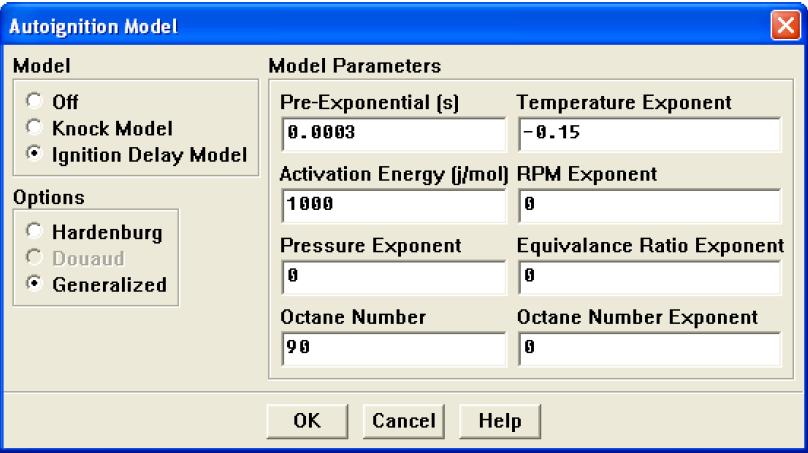 When the Ignition Delay Model is enabled, the panel expands to include the modeling parameters for this model (Figure 6.5).