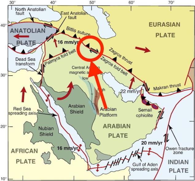 Figure 2. The crustal plate movements of the earthquake zone. (Stern and Johnson, 2010) The shock of Halabjah/Iran-Iraq earthquake was felt far away in eastern Anatolia.