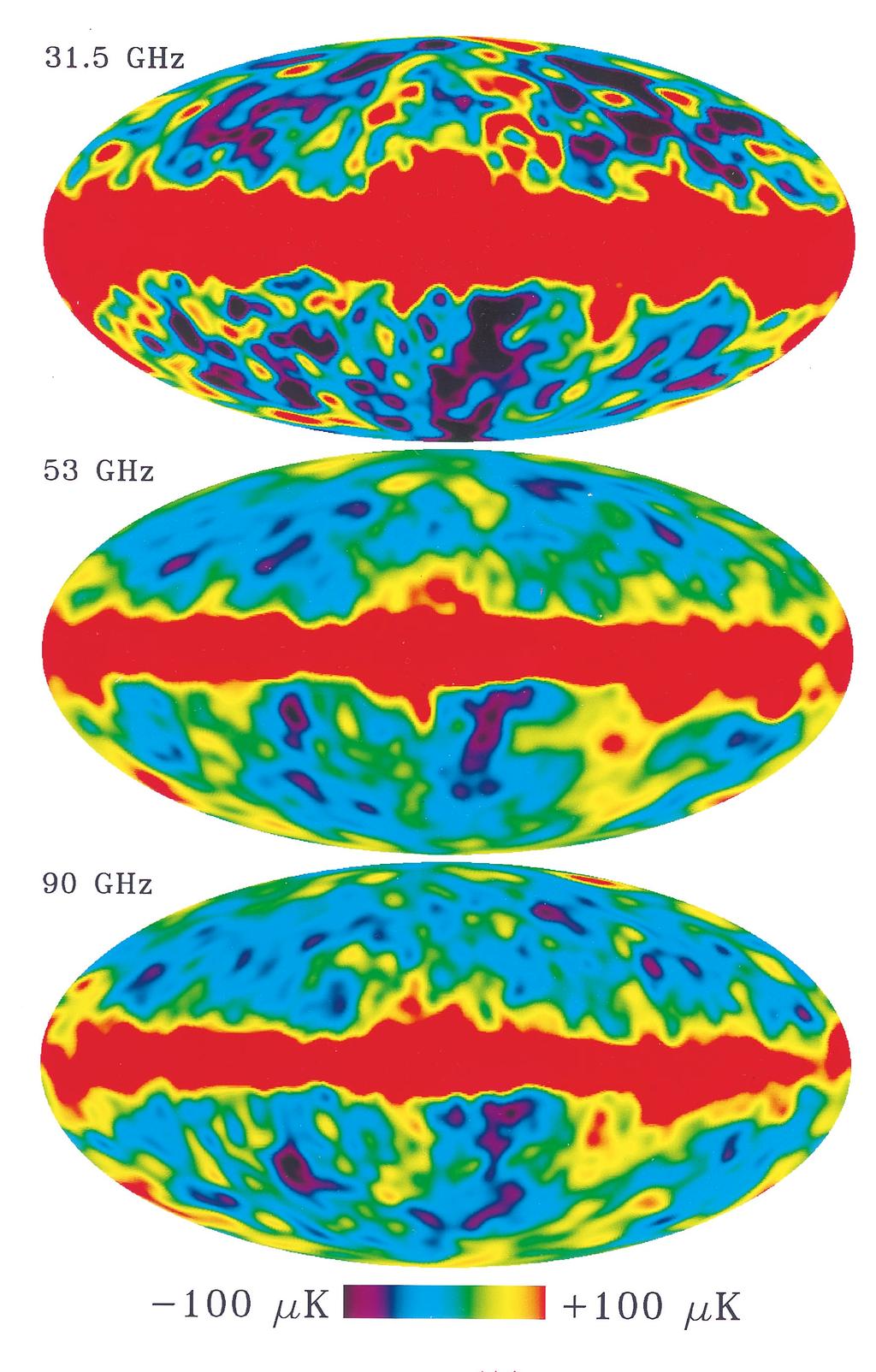 PLATE L1 FIG. 1. Full-sky Mollweide projections of the 31, 53, and 90 GHz 4 yr maps formed by averaging the A and B channels at each frequency.