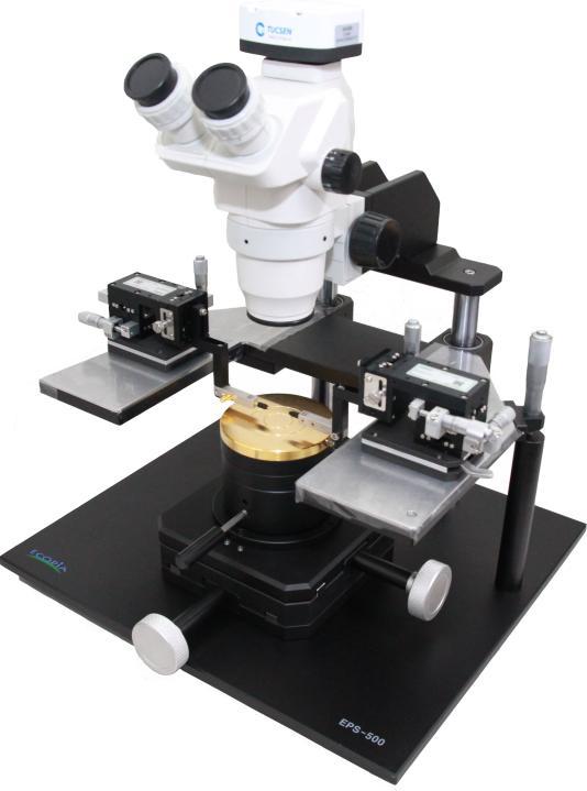 Ecopia probe station is compact desktop design, and reasonable price. Model no. EPS-300 NO specs description 1 Chuck size 4inch, 6inch 2 Microscope mount X,Y stage 3 Microscope magnification. Option.