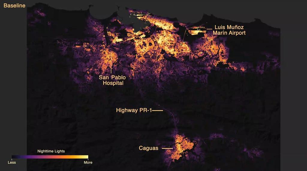 Pinpointing Where the Lights Went Out in Puerto Rico Before-and-after images of Puerto Rico s nighttime lights are based on data captured by the Suomi NPP satellite.