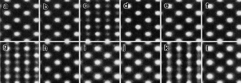Defocus dependenc of lattice images of a Si crstal 200 kv t = 6 nm.