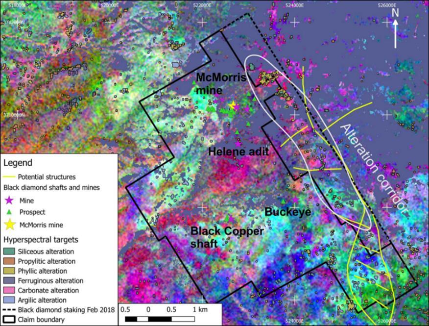 Black Diamond Property: Hyperspectral Study Generated Targets Hyperspectral study: successful reconciliation with known lithological units from USGS maps Highlights multiple zones of alteration