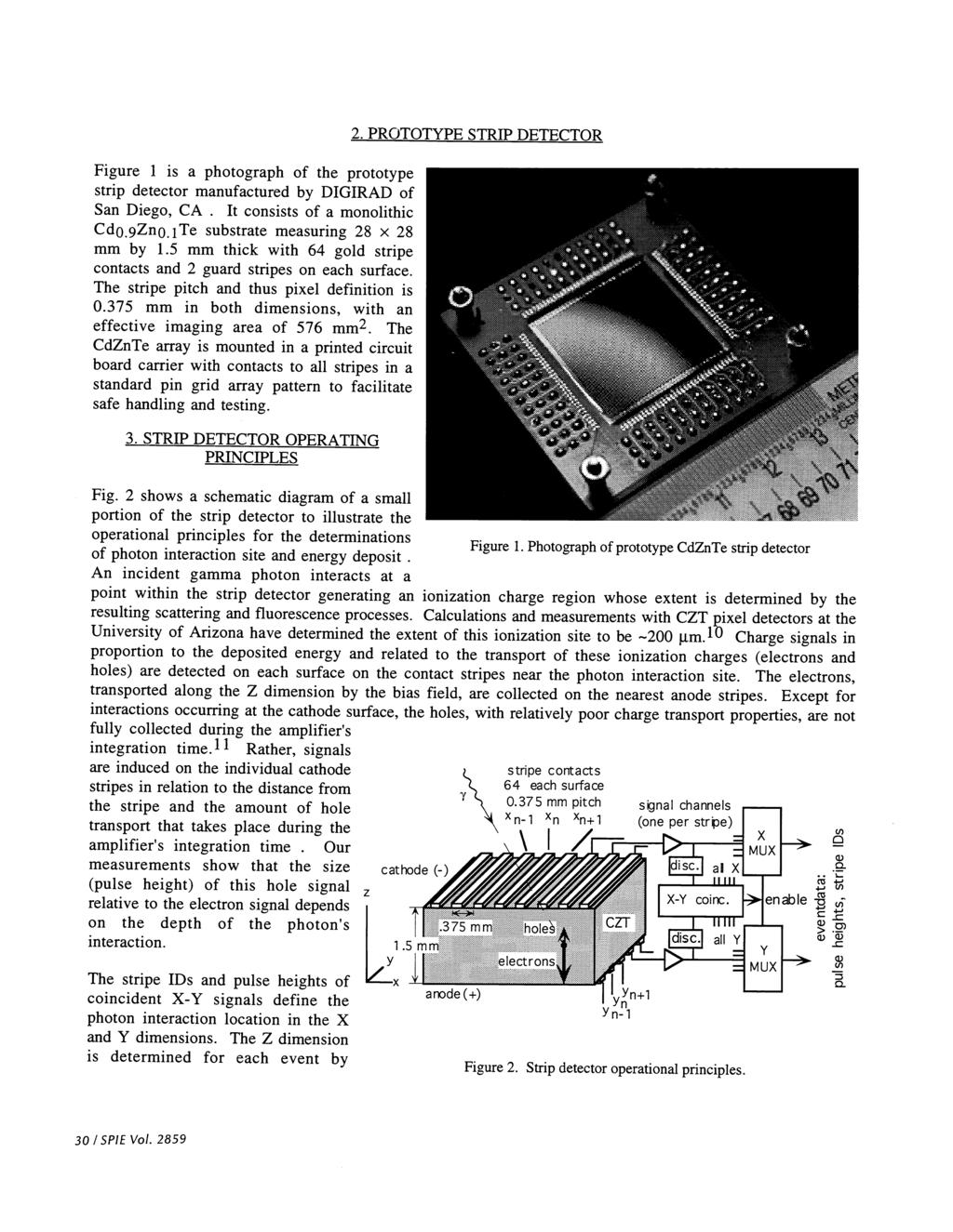 Figure 1 is a photograph of the prototype strip detector manufactured by DIGIRAD of San Diego, CA. It consists of a monolithic CdØ9Zn0 i Te substrate measuring 28 x 28 mm by 1.