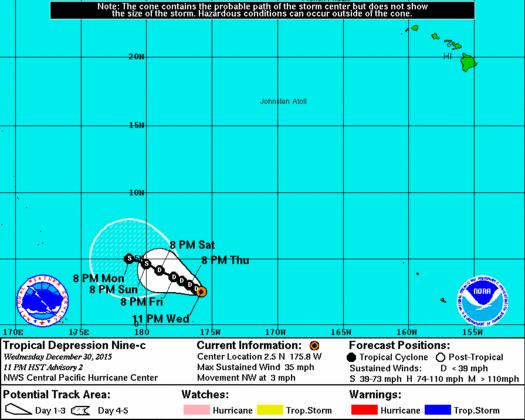 Central Pacific Tropical Depression 09C Tropical Depression (09C) (Advisory #2 as of 5:00 am EST) Located approximately 1,850 miles southwest of Honolulu Moving