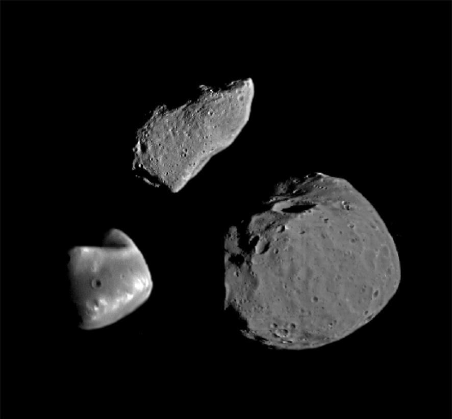 10. The picture shows the asteroid Gaspra and the two moons of Mars, Deimos and Phobos, to the same scale.