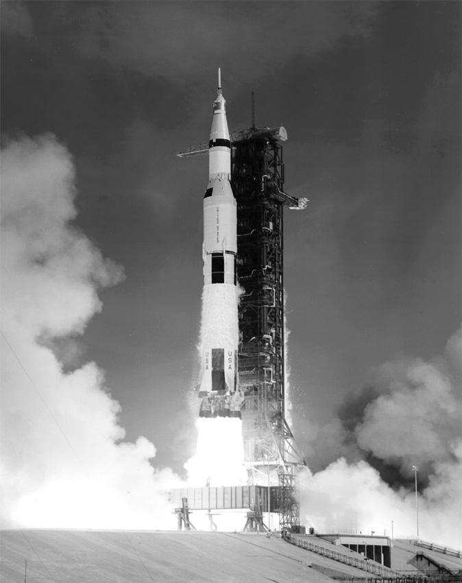 2. The image shows the launch of a Saturn V rocket. This was used to launch the Apollo 11 spacecraft into an orbit around the Earth before it went to the Moon.