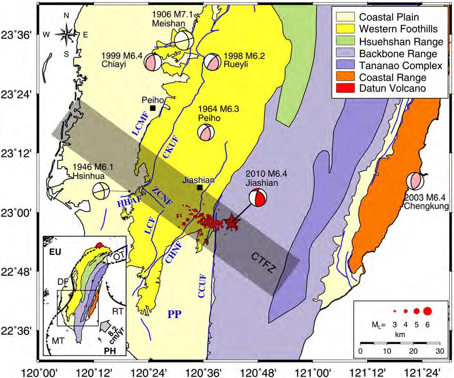 108 R.-J. Rau et al. / Tectonophysics 578 (2012) 107 116 Fig. 1. Map of southern Taiwan showing the locations of 2010 M L 6.4 Jiashian earthquake sequences (solid red circles) and MN6.