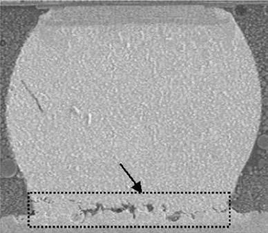 Figure 6 Cross-sectional image of cracked Pb-free solder bump Results and discussion Pb-free bump crack on substrate side Sensitivity analysis of critical factors As listed in Table VI, for the