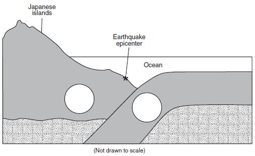 3. On the cross section of the tectonic plate boundary, draw one arrow in each circle to indicate the general direction of plate motion near the