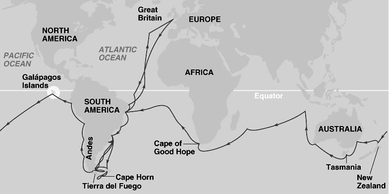 Figure 4: Voyage of the Beagle (1831-1835) In 1835, The HMS Beagle spent 5 weeks at the Galapagos Islands, a geologically young volcanic island