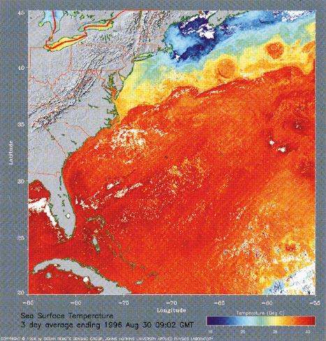 2718 MONTHLY WEATHER REVIEW VOLUME 125 FIG. 2. Composite sea surface temperature from 27 to 30 August 1996. Note the Gulf Stream and the two warm-core rings.