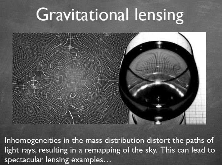 gravitational acceleration. another way to look at this using wave-optics; the inhomogeneity of the mass distribution causes space-time to become curved.