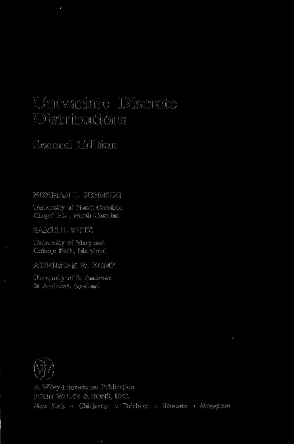 Univariate Discrete Distributions Second Edition NORMAN L.