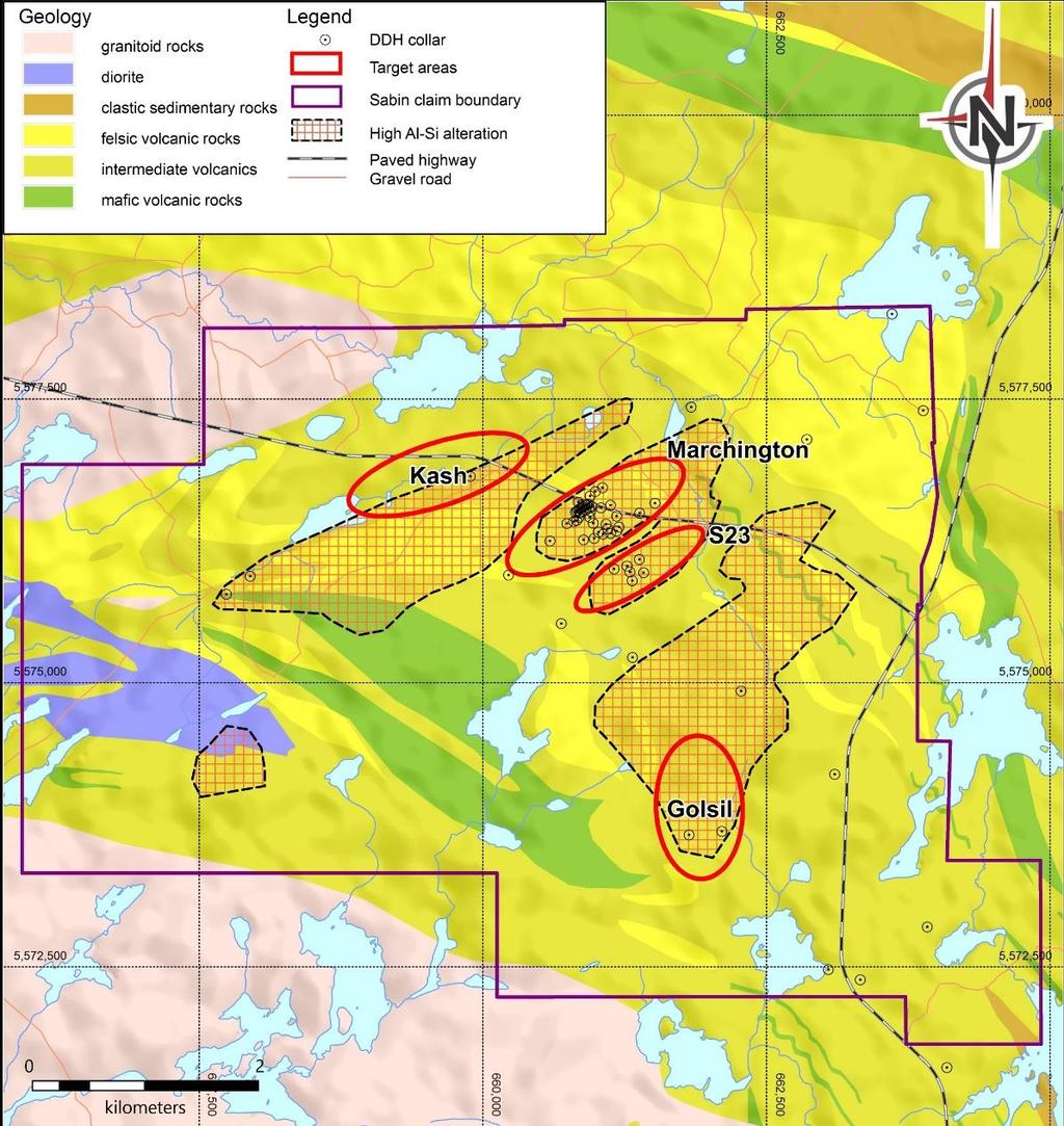 SABIN VMS TARGETS Extensive Al-Si-Py footwall style alteration Four main target areas including the Marchington Zone Marchington drilled to <100 m depth, 350 m strike length and open