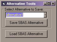 The alternative file (*.sbd) holds all values for the sediment budget. To save the alternative, select the Alternative Tools button from the SBAS-A toolbar.