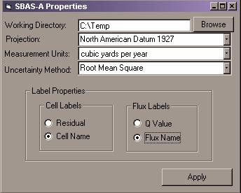 Figure 4. Setting default values of SBAS-A properties. CREATING CELL AND FLUX LAYERS. The structure of the sediment budget is now ready to be created.