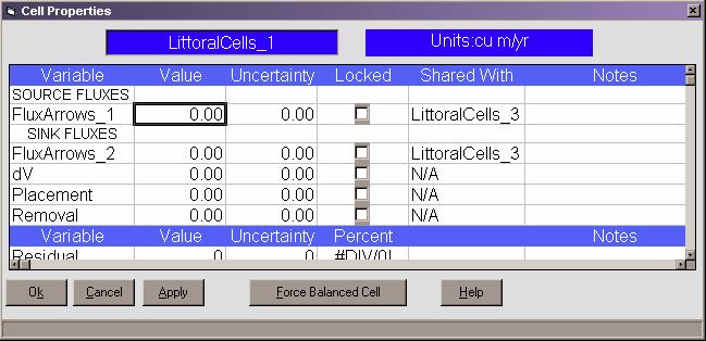 Figure 9. Data sheet for entering littoral Cell Properties. Figure 10. Data entry forms for editing values of Flux Properties. Click Apply to save value changes.