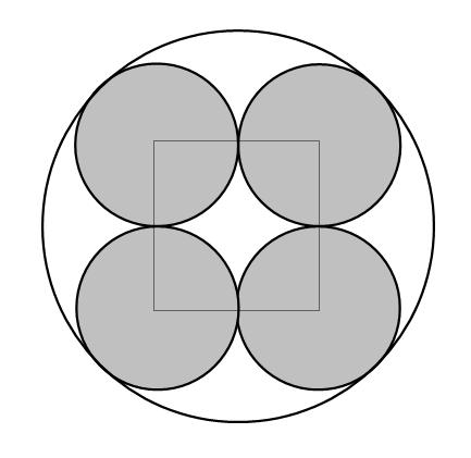 Question 57 (****+) Four circles are touching in such a way so that their centres form the corners of a square ABCD These four circles are circumscribed by a larger circle