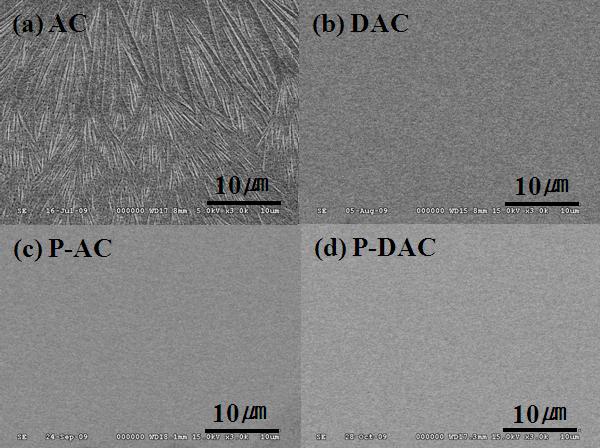 Fig. S6 SEM images of (a) AC, (b) DAC, (c) P-AC, and (d) P-DAC in vacuum deposited film