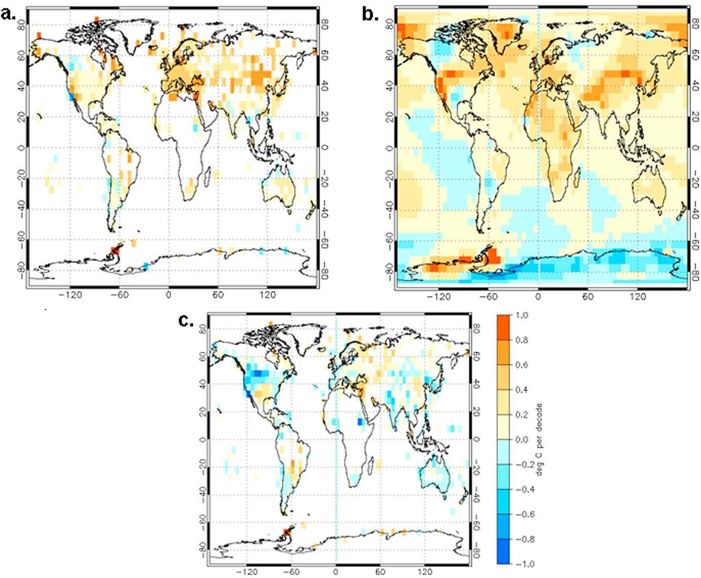 Figure 3. As in Figure 1 but for May through October and with at least 5 months data in each year. et al. [2006] temperatures over the oceans are not compared because the Rayner et al.