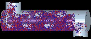 The red and blue particles are fed as two parallel streams of same