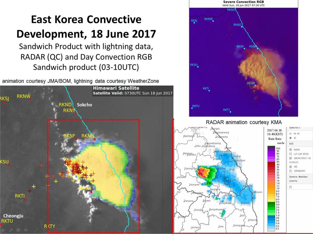 East Korea Convective Development, 18 June 2017 Sandwich Product with lightning data, RADAR (QC) and Day Convection
