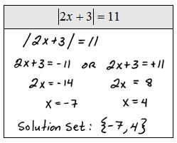 Strategy: 1. Isolate the absolute value stuff = value 2. Set up 2 equations: stuff = value OR stuff = value 3. Solve each new equation and check your solution.