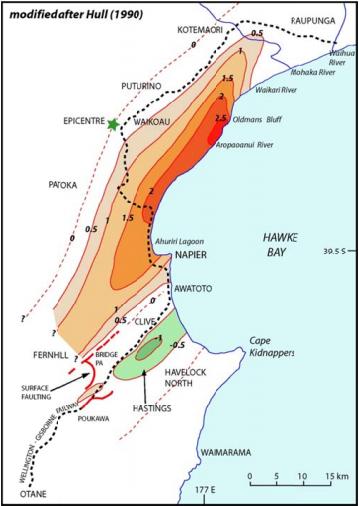 51. Figure 3 shows the map of vertical deformation and surface faulting (thick red lines) related to the 1931 Hawkes s Bay earthquake. Uplift is shown in orange and subsidence in green.
