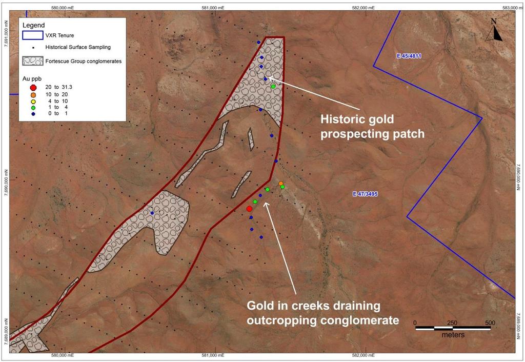 Figure 4: North end of Mays Find showing creek sampling locations coloured by Au ppb results.