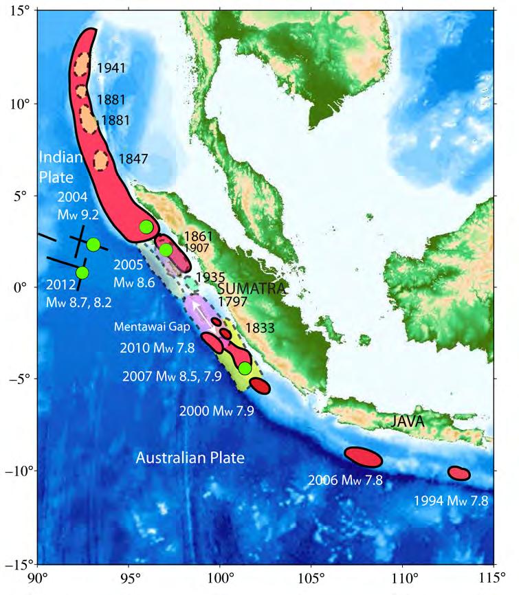 Sumatra-Sunda Struck by a cluster of great/very large earthquakes since 2004. Dec. 26, 2004 unexpected northward extension to Andaman Islands. 9.2 March 2005 adjacent aftershock. 8.