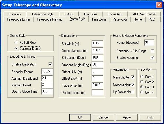 Setup System Parameters Dec Axis These parameters control the motion, resolution, and pulses of the Declination motor and encoders. The values are carefully configured for a specific telescope system.