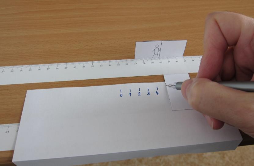 As it can be seen in Figure 1, we can have also a very simple paper model of a man walking or running along the rails second paper ruler attached to the desk enables to set position of the man.