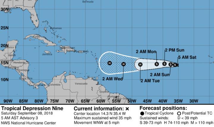 Tropical Outlook Atlantic Tropical Depression 9 (Advisory #3, as of 5:00 a.m.