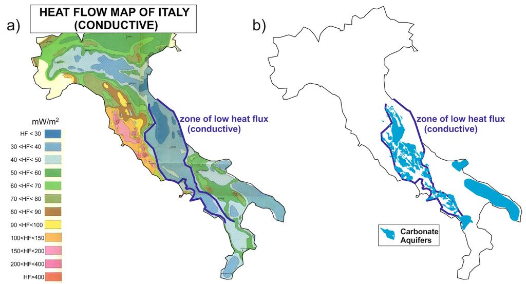 Advective heat transport associated to regional Earth degassing in central Apennine (Italy) The map of the heat flux of Italy shows a N-S band of low heat fluxes that corresponds to the area