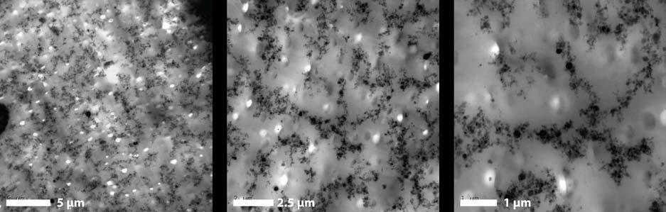 Figure 3-2. TEM images of a single domain within a 44 nm delta-gamma alumina filled epoxy at 2 vol. %. The images are increasing in magnification and are approximately 25µm, 12.5µm, and 6.