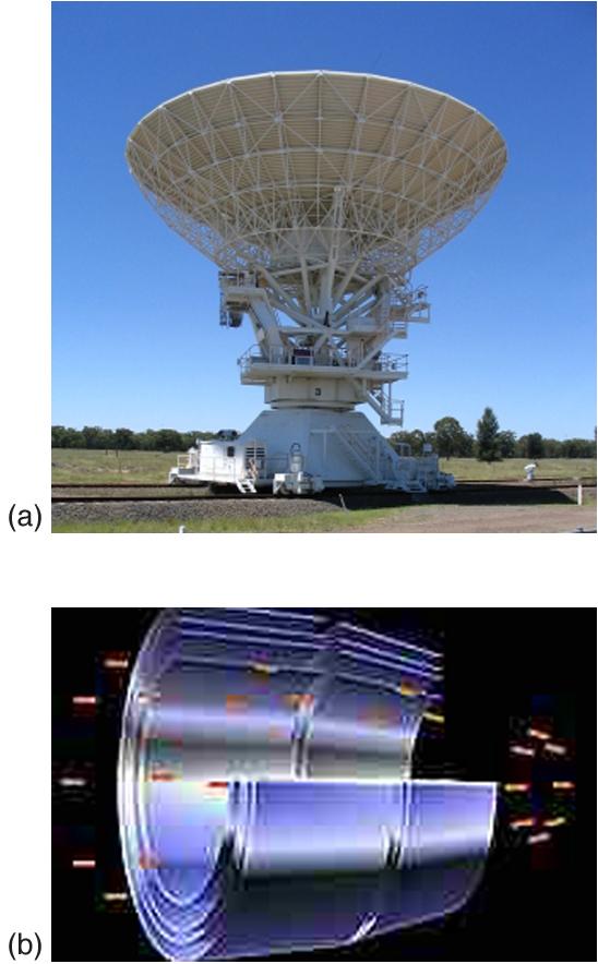 (a) The Australia Telescope Compact Array at Narrabri (500 km NW of Sydney). (credit: Ian Bailey) (b) The focusing of x rays on the Chandra Observatory, a satellite orbiting earth.
