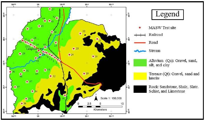NEHRP Site Classification and Preliminary Soil Amplification Maps 539 Figure 2: The geological map of the study area and the MASW test sites (Red dots).