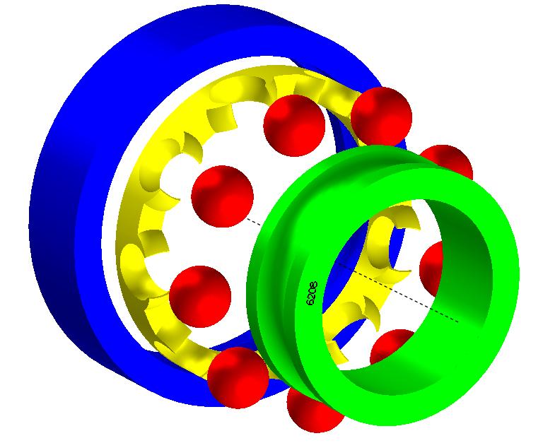 Figure 3: Exploded view of mechanical parts of the ball bearing simulated in BEAST. and the contact dynamics is defined by C(y) = (0, f con (q)).