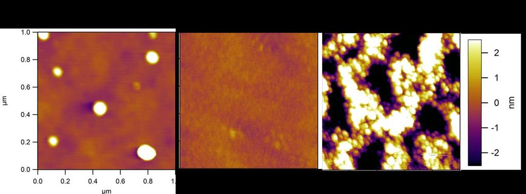 Figure 27: AFM images of the surface condition of (100) Si substrates a) as received from vendor, b) after standard cleaning procedure with NH 4 OH and BOE(RMS roughness 360pm), and c) after a