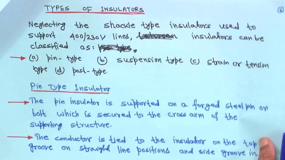 (Refer Slide Time: 12:42) So, generally just hold on, so now the types of insulator, so neglecting the shackle type insulators used to support 400 230 Volt you might have seen in front of your house