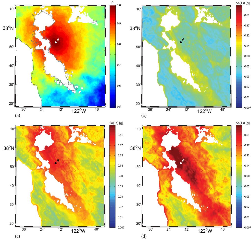 Figure 5: Measures of oint characteristics of ground motions at Berkeley (labeled as point A on the figures) and other locations throughout the San Francisco Bay Area (a) Correlation of lnsa values