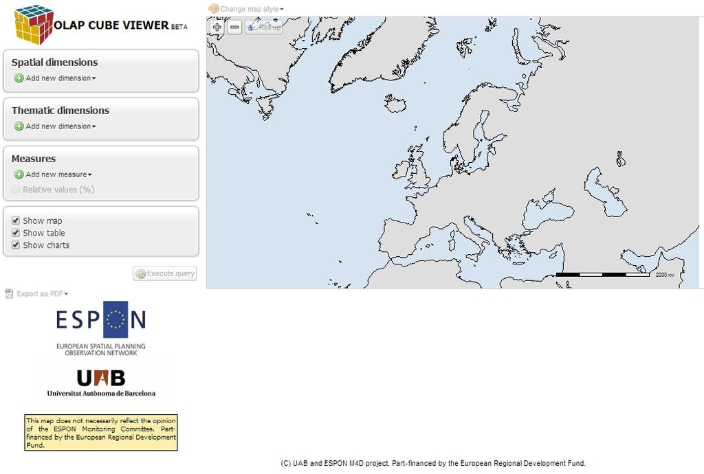 Figure 10. Screenshot of the OLAP web tool homepage The user only has to select a spatial dimension, a thematic one and a measure (socioeconomic variable) to produce a query.