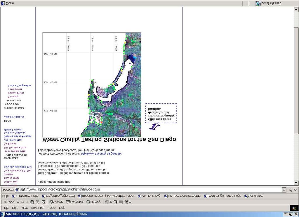 Figure 10. An example screen shot from the SDCOOS web site illustrating how the public can access water quality sampling results from the San Diego County DEH Rec water sampling program.