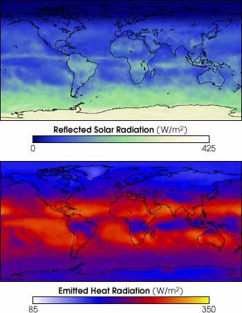 reflected sunshine (upper) and infrared (long-wave) heat radiation (lower) CERES satellite radiometer Jan 2002 clouds, snow, ice, deserts are