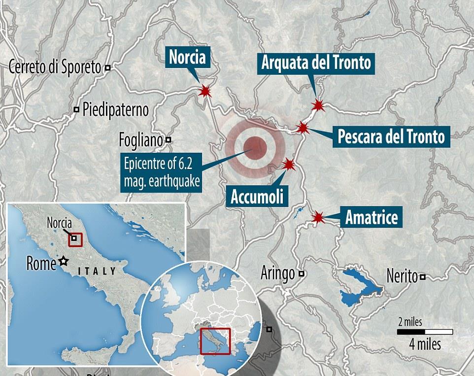 6) Figure 5 shows the epicentre of an earthquake that occured in Italy on the 24th of August 2016. Answer the following questions. Epicentre Figure 5 a)define epicentre. b) This earthquake measured 6.