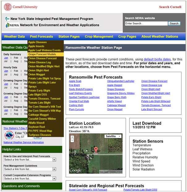 Figure 4. Cropped Screen Shot of Ransomville, NY Station Page, showing easy access to main menu, interactive Pest Forecasts and Station Page quick reference Ransomville Pest Forecasts.