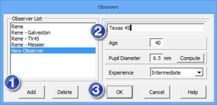 Houston Astronomical Society Create a New Observer named Texas 45 Click the existing observer to open the Observers window 1.