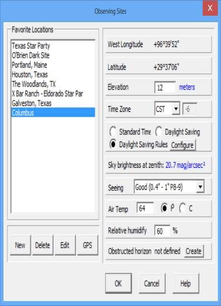 Enter time zone values and other settings Change time zone settings to CST and select Daylight Savings Rule if needed. Add other baseline settings for Seeing, etc. 6.