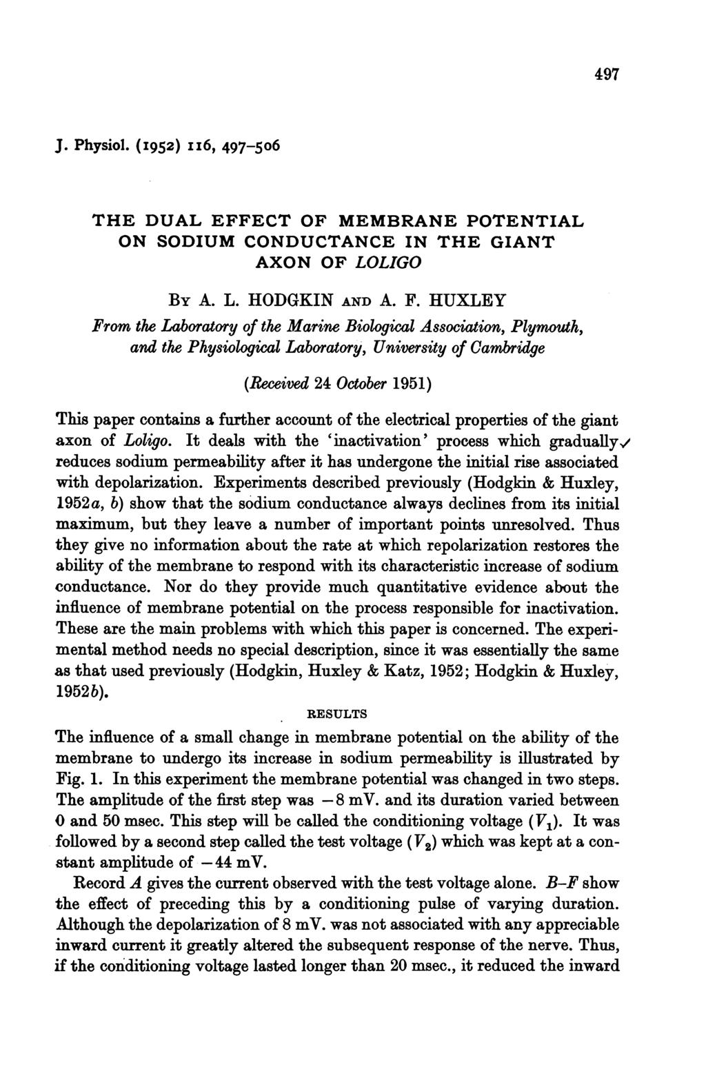 497 J. Physiol. (1952) ii6, 497-506 THE DUAL EFFECT OF MEMBRANE POTENTIAL ON SODIUM CONDUCTANCE IN THE GIANT AXON OF LOLIGO BY A. L. HODGKIN AND A. F.